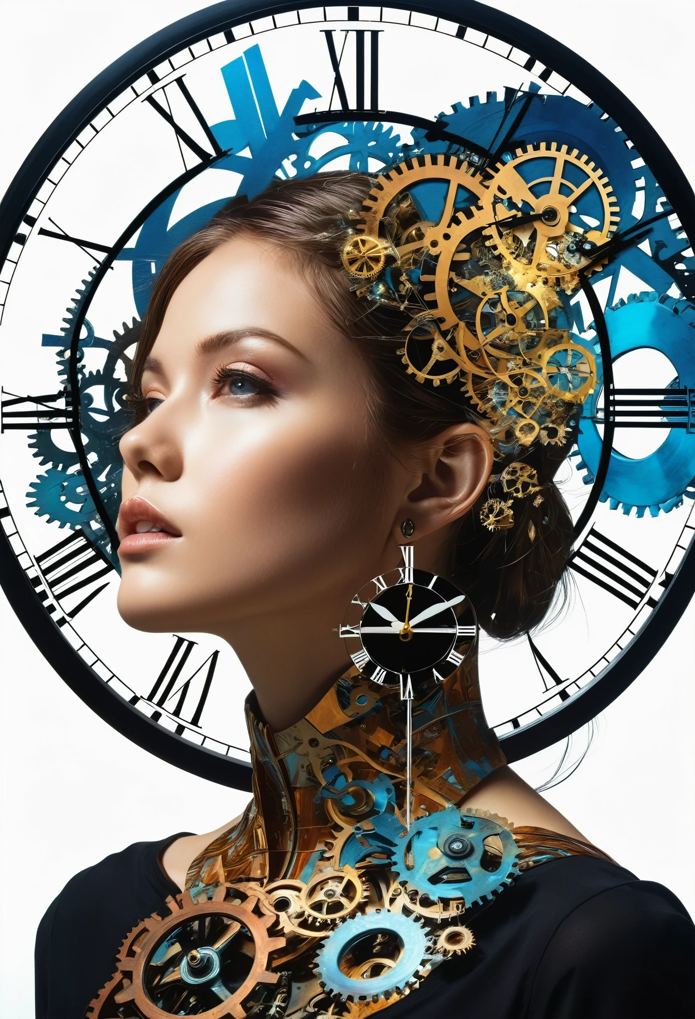 mysterious silhouette of a time travelling woman, black hole, inside of a clock, gears, goddess, alluring, by Minjae Lee, Carne Griffiths, Emily Kell, Steve McCurry, Geoffroy Thoorens, Aaron Horkey, Jordan Grimmer, Greg Rutkowski, amazing depth, double exposure, surreal, geometric patterns, intricately detailed, bokeh, perfect balanced, deep fine borders, artistic photorealism , smooth, great masterwork by head of prompt engineering