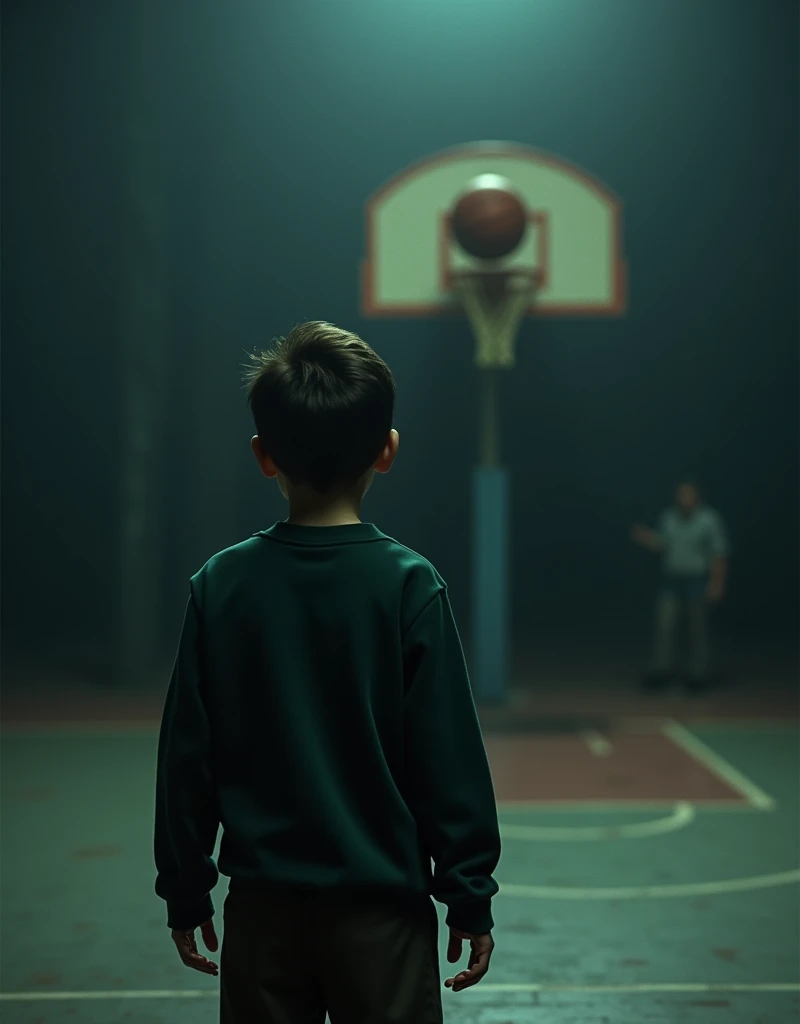 Boy from behind on a basketball court throwing a basketball into the hoop, with a dark green sweatshirt
