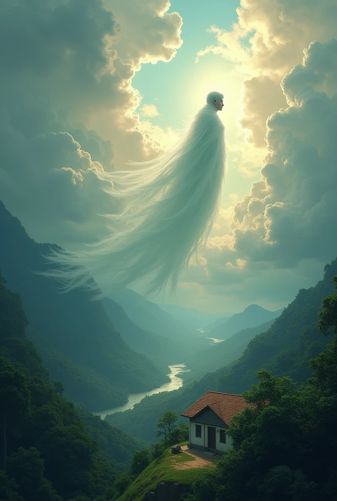 The soul of a Peruvian writer looking down from the clouds at a school in the Peruvian jungle