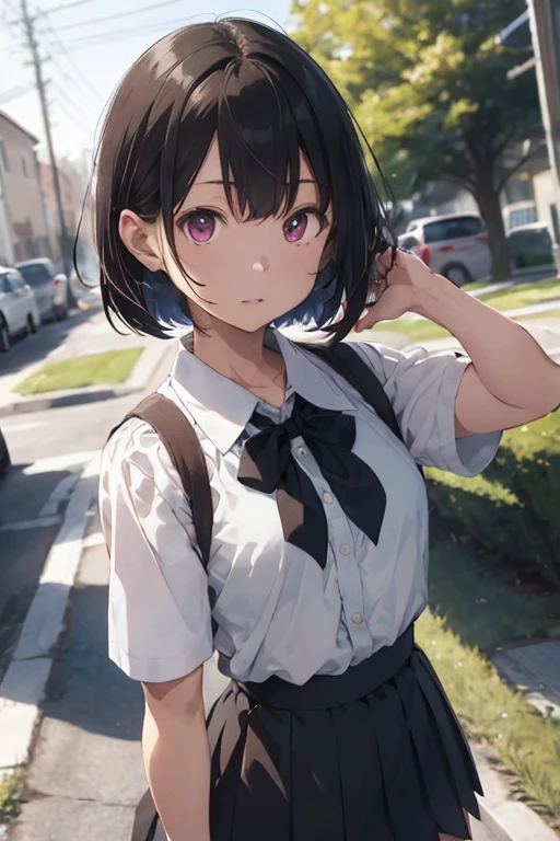 onasaiyuki, 1girl, solo, shirt, skirt, upper body, white shirt, short sleeves, short hair, closed mouth, bangs, collared shirt, black hair, black skirt, expressionless, brown hair, brown eyes, school uniform, outdoors, arms at sides, bow, medium hair, artist name, pleated skirt, pink shirt, bob cut, blurry, blue skirt, red eyes, standing, grass, looking away, bowtie, parted lips, blouse, looking afar, purple eyes, blurry background, looking up, neckerchief, depth of field, ribbon, pink eyes, looking to the side