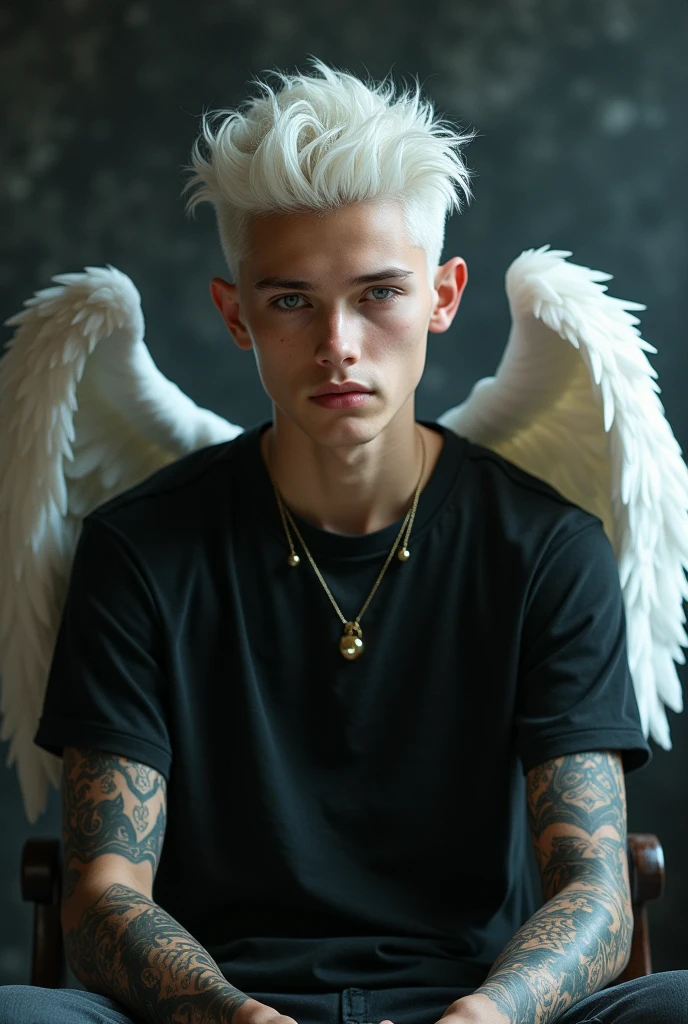 Young boy white hair perfect body setting on the chair and have tattoos with black t-shirt and necklace like a fairy face smooth skin pink lips and dark smoke background and have a big wings of an angel at the back