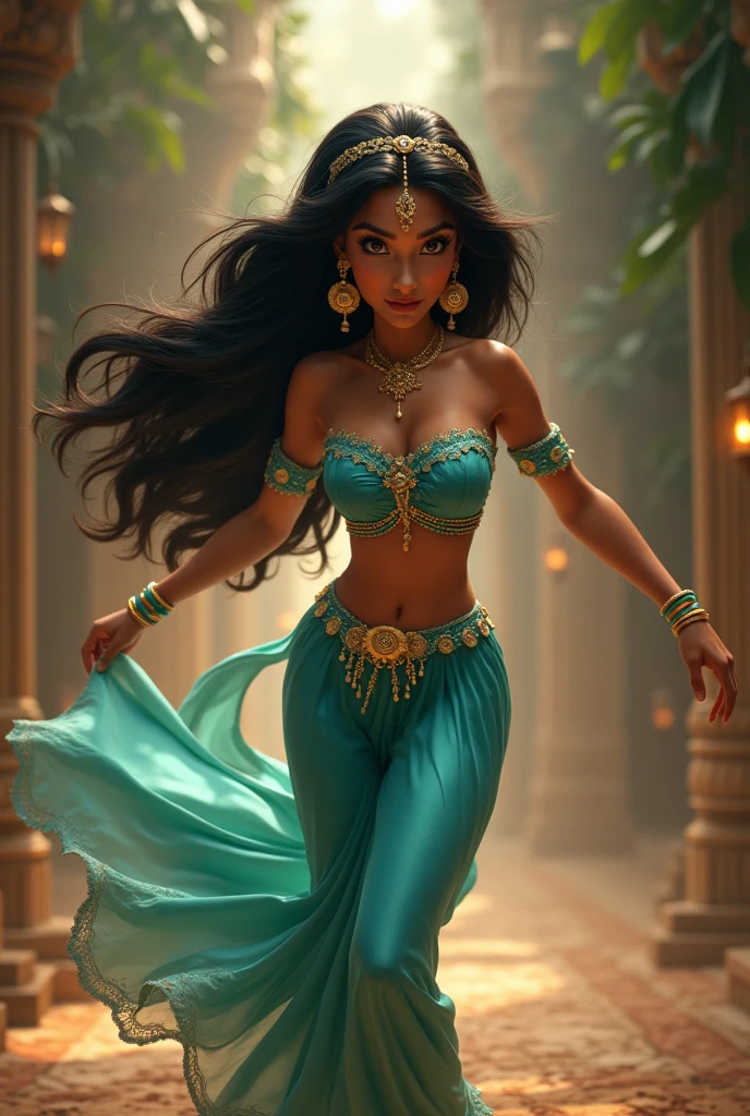 Stunning Princess Jasmine, photo in 8k, in action, cinematic.