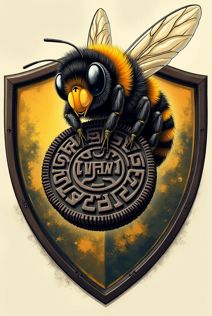 A football shield containing the word BUMBLEBEES, And have a bee with an oreo cookie