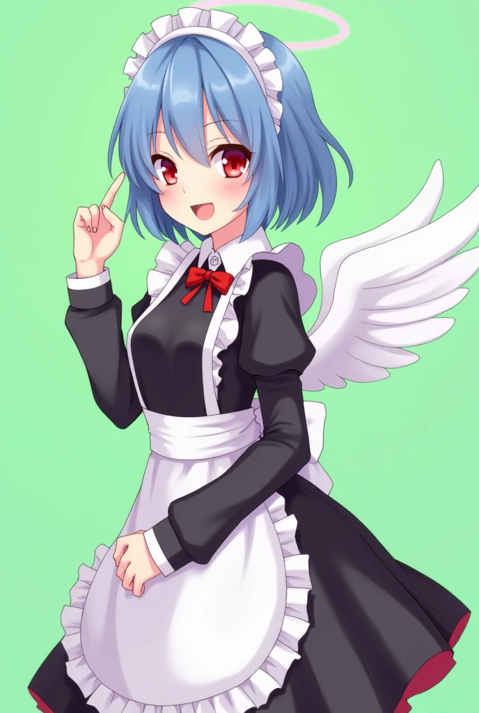 Maid cafe maid with short blue hair, Red eyes, a sensual and happy expression, age range between 18 and 26 years, with angel wings, black uniform, anime style completely in 2D, with pastel colors, with a completely flat and green background