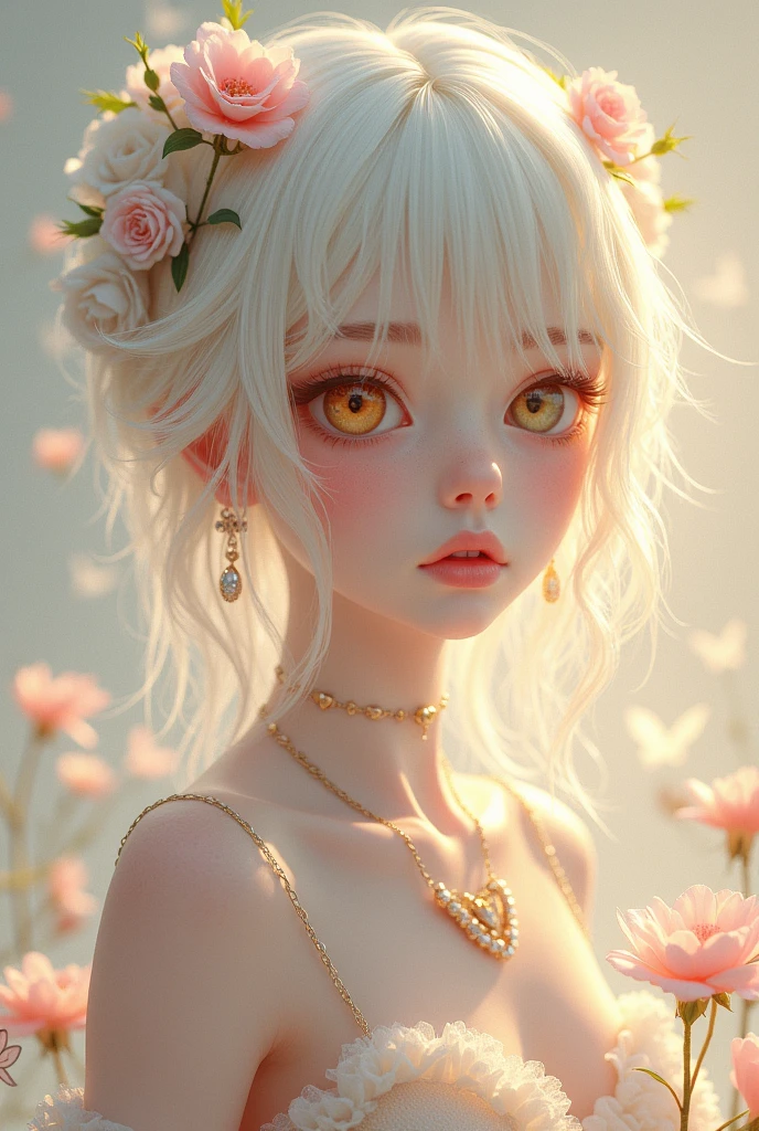 (Full-body image) (Highest quality possible) (Greatest possible realism) Extremely delicate and feminine femboy boy, her hair is half purple and pink, Her skin is white and delicate, under your skin is a golden, shiny powder, their eyes are different colors each one has a different color, he is cheerful and loves butterflies and flowers, wears a heart necklace and choker, he is elegant and has noble origins, he also loves swords and eating sweets, is always taking both things.