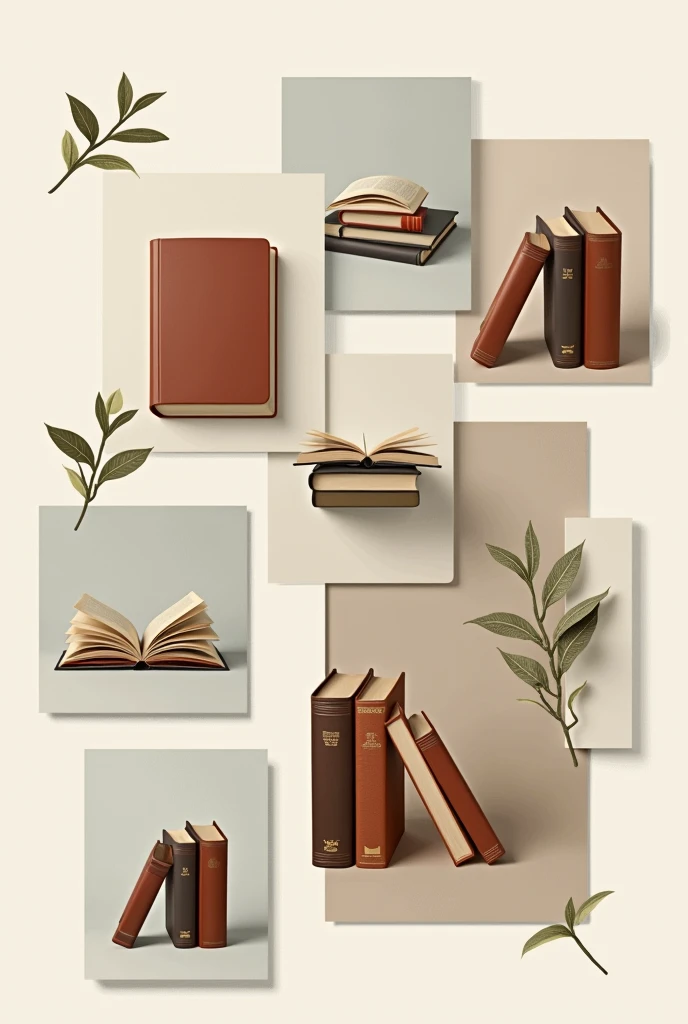 A collage with images of books on a neutral colored background 