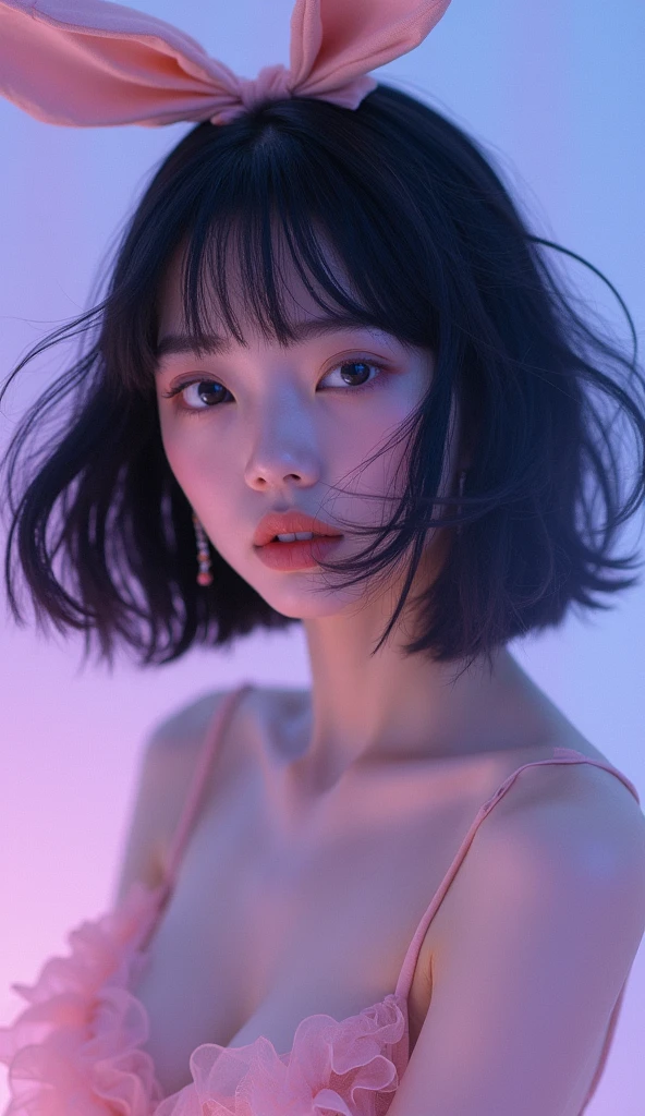 real photograph, (masterpiece), (highest quality), (Super detailed), (messy hair), (shape), (one japanese girl), (chiffon frill bikini), retreating figure, rabit ear:1.4, sitting down, Fashion Model, (simple purple pink blue background), fine and beautiful eyes, pretty faced, floating, (high color saturation), focus on face, black bob cut hair, floating Hairs, (shining), best writing, best shadow,