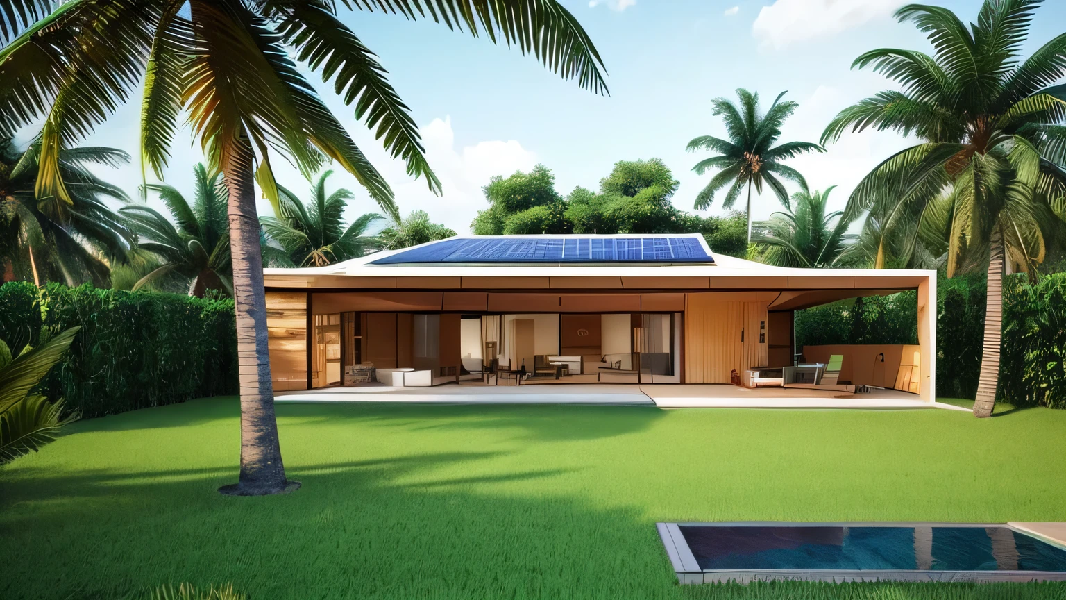 realittic photo of loand A new mordel home begin built, with panol solar instalation, green grass in the with coconet tress, and mangoes tree, with palm tress