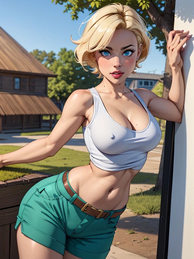 Hot blonde girl with short hair, blue colored eyes, wearing a A pair of moss green camp shorts, wearing a Belts on her shoulders, wearing a white tank top showing her belly, cleavage, defined and shiny breasts, low angle image