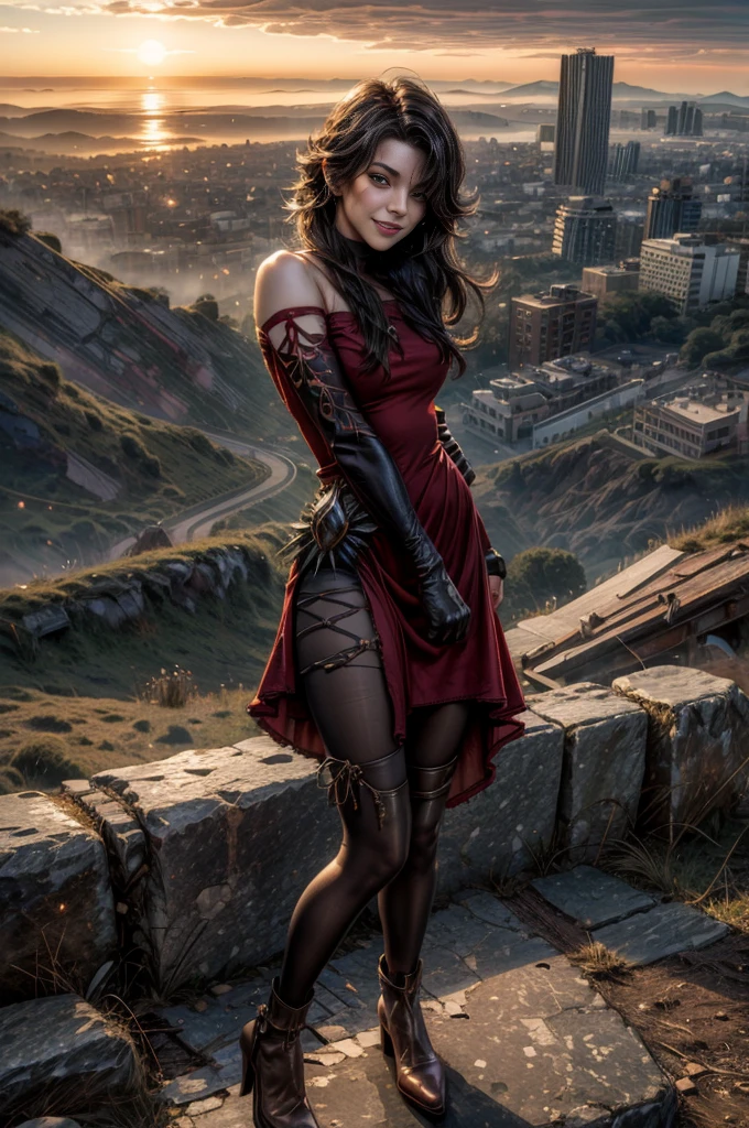 (masterpiece, best quality:1.2), cowboy shot, solo, 1girl, cinder fall, smiling, looking at viewer, long hair,  red dress, elbow gloves, pantyhose, standing on hillside, overlooking burning city, (volumetric lighting), sharp focus, hyper detailed 