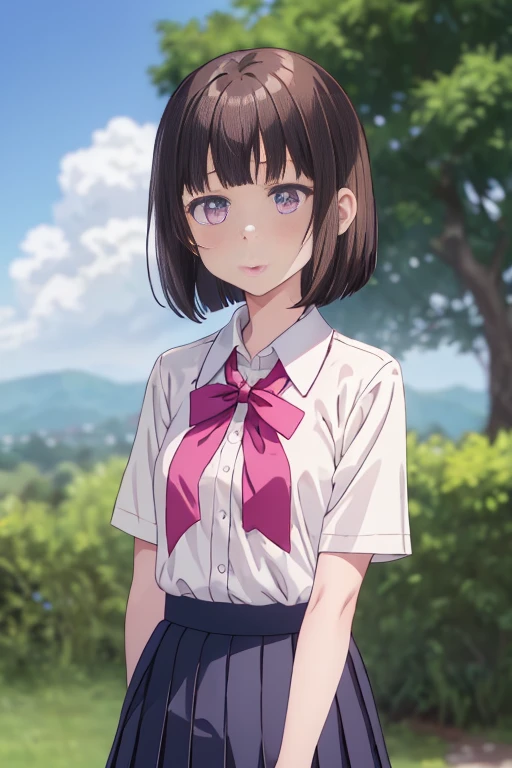 onasaiyuki, 1girl, solo, shirt, skirt, upper body, white shirt, short sleeves, short hair, closed mouth, bangs, collared shirt, black hair, black skirt, expressionless, brown hair, brown eyes, school uniform, outdoors, arms at sides, bow, medium hair, artist name, pleated skirt, pink shirt, bob cut, blurry, blue skirt, red eyes, standing, grass, looking away, bowtie, parted lips, blouse, looking afar, purple eyes, blurry background, looking up, neckerchief, depth of field, ribbon, pink eyes, looking to the side