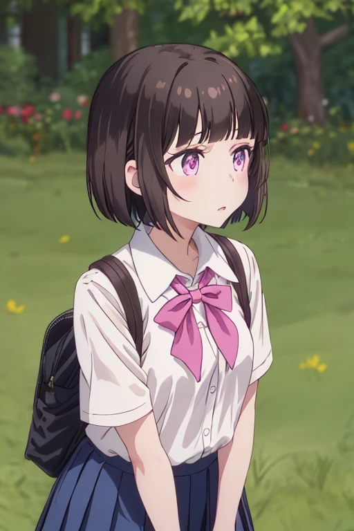 onasaiyuki, 1girl, solo, shirt, skirt, upper body, white shirt, short sleeves, short hair, closed mouth, bangs, collared shirt, black hair, black skirt, expressionless, brown hair, brown eyes, school uniform, outdoors, arms at sides, bow, medium hair, artist name, pleated skirt, pink shirt, bob cut, blurry, blue skirt, red eyes, standing, grass, looking away, bowtie, parted lips, blouse, looking afar, purple eyes, blurry background, looking up, neckerchief, depth of field, ribbon, pink eyes, looking to the side