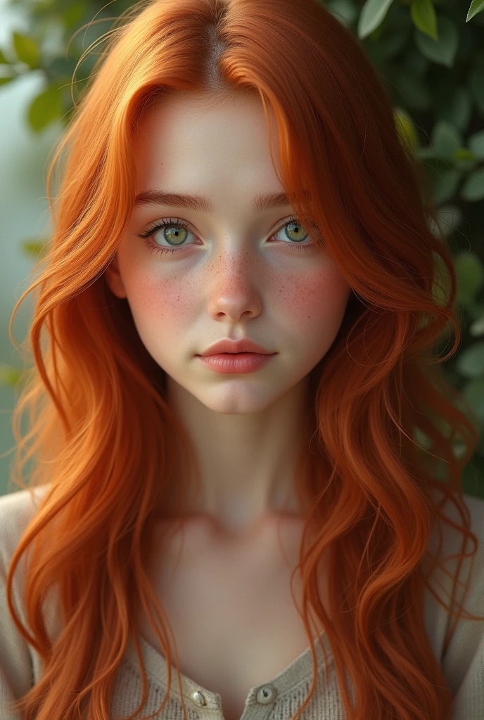 Girl, green eyes, inocent face, cute face, long hair, beautiful, realistic girl, symmetrical face, photorealistic, red-haired girl, cute girl, , kawaii rusian, realistic, round face , adolescent girl [[realistic]]