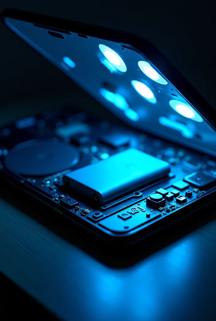 opening the screen of the Samsung Galaxy A10 cell phone in 2, in an environment with a blue LED spotlight, approach to the cell phone well defined components, the battery
