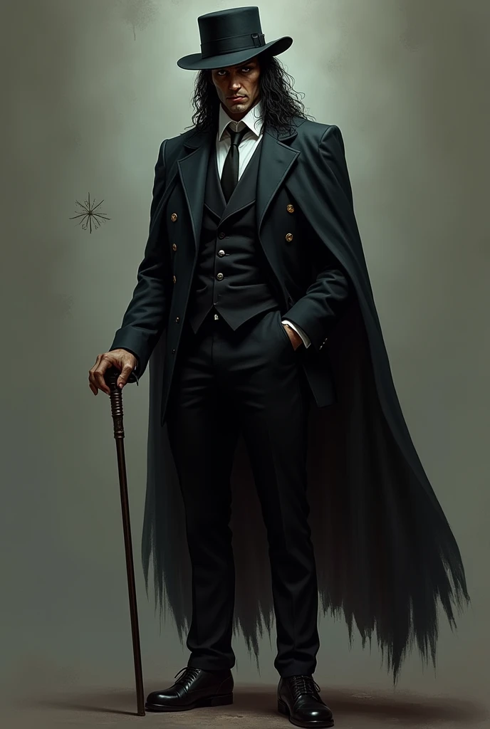 Tall black haired man, with dark eyes with a distant look, slightly dark skinned, dress in frac, with a cane, hat and a cape with a scar on his arm.