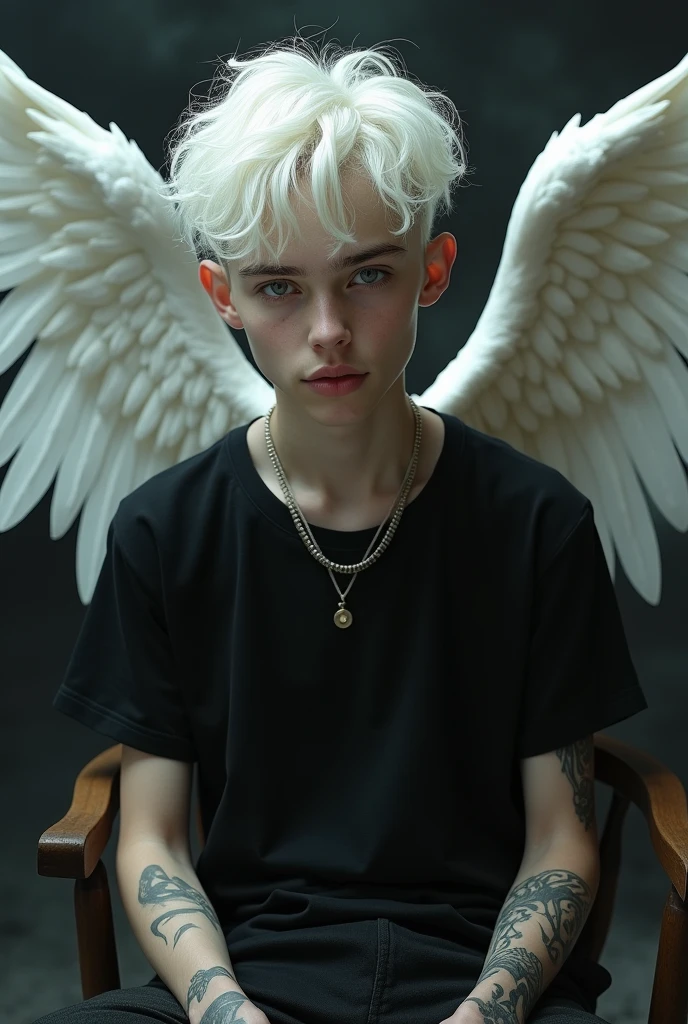 boy white hair perfect body setting on the chair and have tattoos with black t-shirt and necklace like a fairy face smooth skin pink lips and dark smoke background and have a big wings of an angel at the back