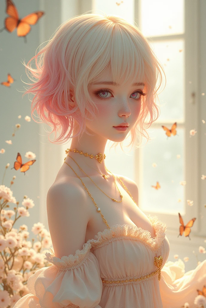 (Full-body image) (Highest quality possible) (Greatest possible realism) Extremely delicate and feminine femboy boy, her hair is half purple and pink, Her skin is white and delicate, under your skin is a golden, shiny powder, their eyes are different colors each one has a different color, he is cheerful and loves butterflies and flowers, wears a heart necklace and choker, he is elegant and has noble origins, he also loves swords and eating sweets, is always taking both things.