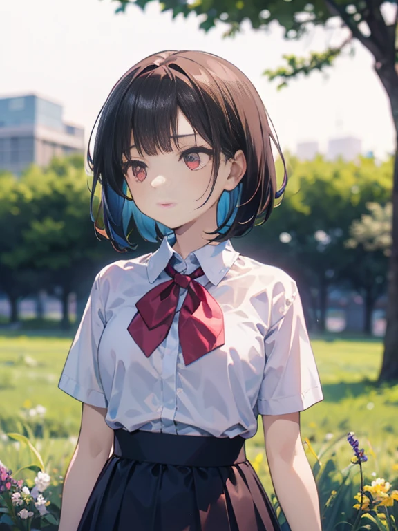 onasaiyuki, 1girl, solo, shirt, skirt, upper body, white shirt, short sleeves, short hair, closed mouth, bangs, collared shirt, black hair, black skirt, expressionless, brown hair, brown eyes, school uniform, outdoors, arms at sides, bow, medium hair, artist name, pleated skirt, pink shirt, bob cut, blurry, blue skirt, red eyes, standing, grass, looking away, bowtie, parted lips, blouse, looking afar, purple eyes, blurry background, looking up, neckerchief, depth of field, ribbon, pink eyes, looking to the side