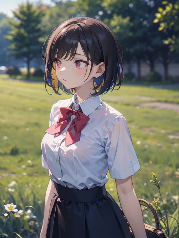 onasaiyuki, 1girl, solo, shirt, skirt, upper body, white shirt, short sleeves, short hair, closed mouth, bangs, collared shirt, black hair, black skirt, expressionless, brown hair, brown eyes, school uniform, outdoors, arms at sides, bow, medium hair, artist name, pleated skirt, pink shirt, bob cut, blurry, blue skirt, red eyes, standing, grass, looking away, bowtie, parted lips, blouse, looking afar, purple eyes, blurry background, looking up, neckerchief, depth of field, ribbon, pink eyes, looking to the side