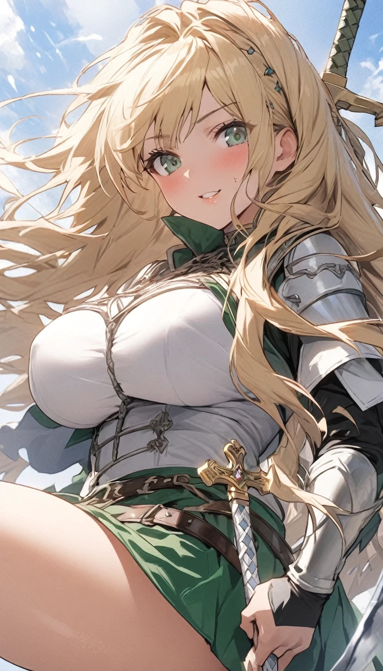 Ultra-high definition image quality、beautiful girl、Female Swordsman、Light Armor、Green Boots、Long Hair、blonde、20-year-old、have confidence々face、Very short tight skirt、Sexy stance、Cowgirl、wilderness、Highest quality,Big Ass、Big Breasts、Thighs、Grasping the hilt of the holy sword Excalibur、Pure white, luxuriously decorated panties、Jump with big strides and kicking off with your feet、Joan of Arc style clothing、Wind King Barrier、Her hair is fluttering in the wind、The Sword of Promised Victory、god々Wearing a bright aura、Big Ass、Valkyrie the War Maiden、Ass Super Close-up、Angle from directly below