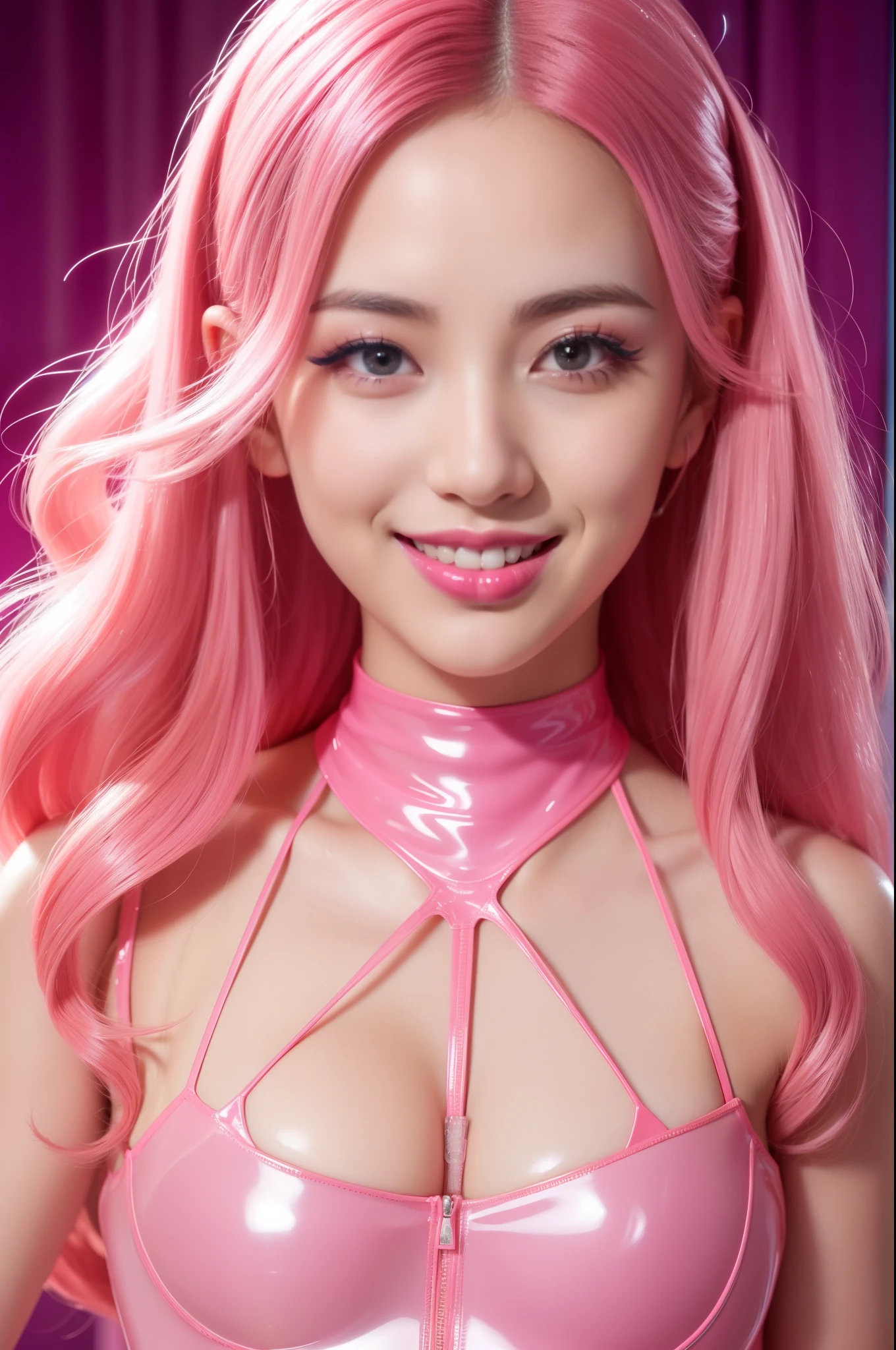 nsfw、sexy stylish female idol、glossy transparent lipstick、smiling face、defined eyebrows、long eyelashes、full body Esbian、sheer latex dress（neon pink）、Colorful hair