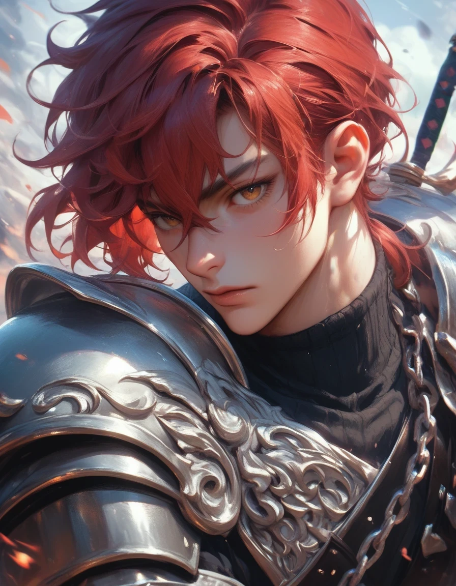 Anime bangs between the eyes, a small ponytail in addition to the strands released on the neck, messy hair