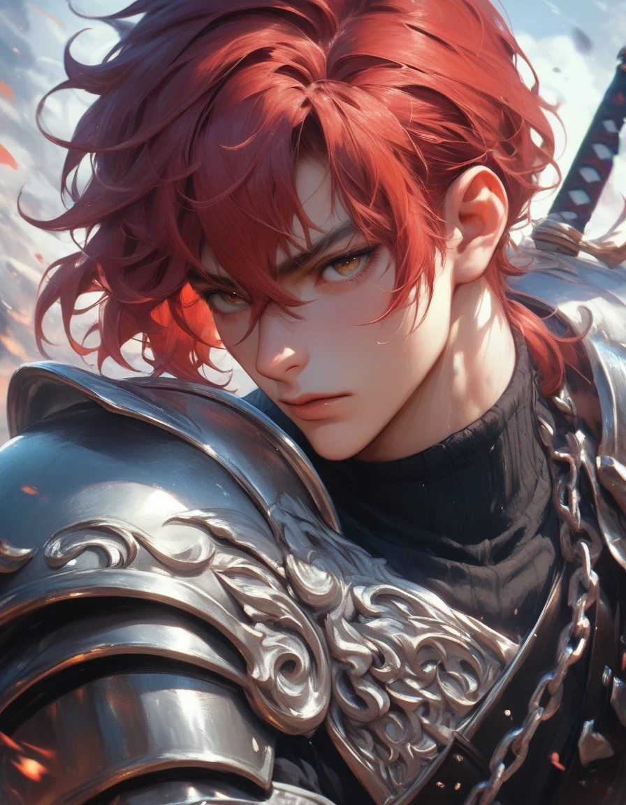 Anime bangs between the eyes, a small ponytail in addition to the strands released on the neck, messy hair