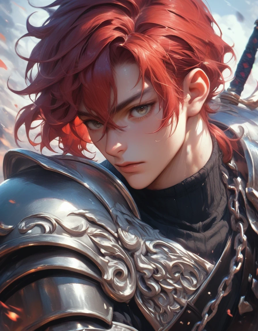Anime bangs between the eyes, a small ponytail in addition to the strands released on the neck, messy hair 