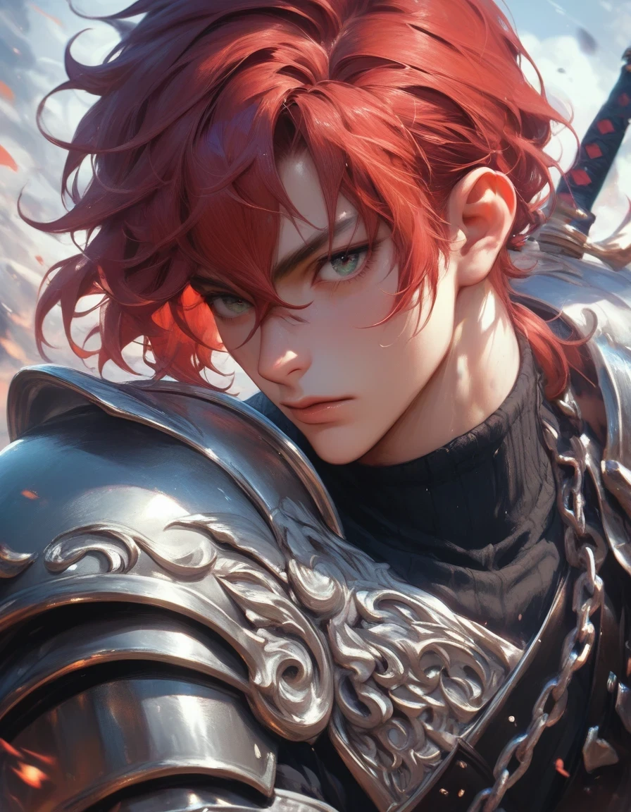 Anime bangs between the eyes, a small ponytail in addition to the strands released on the neck, messy hair