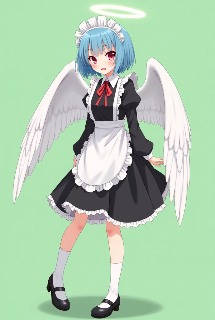 Maid cafe maid with short blue hair, Red eyes, a sensual and happy expression, age range between 18 and 26 years, with angel wings, black uniform, anime style completely in 2D, with pastel colors, with a completely flat and green background