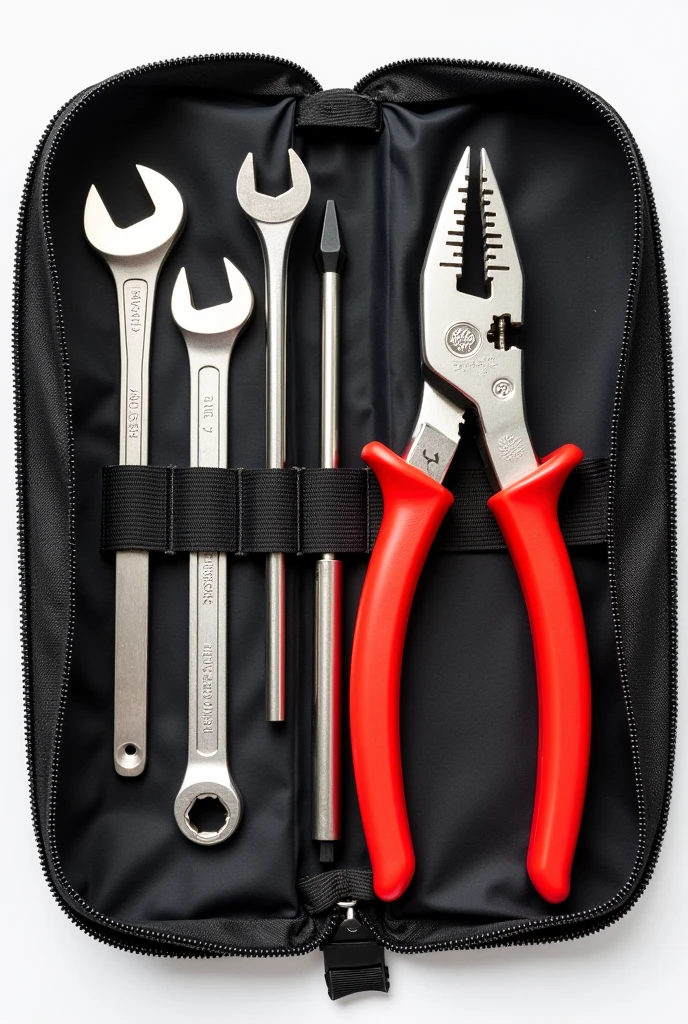 I created a tool kit that contains an electrician&#39;s pliers, a 12mm wrench, a 10mm wrench., a flat disarm and a cross disarm
