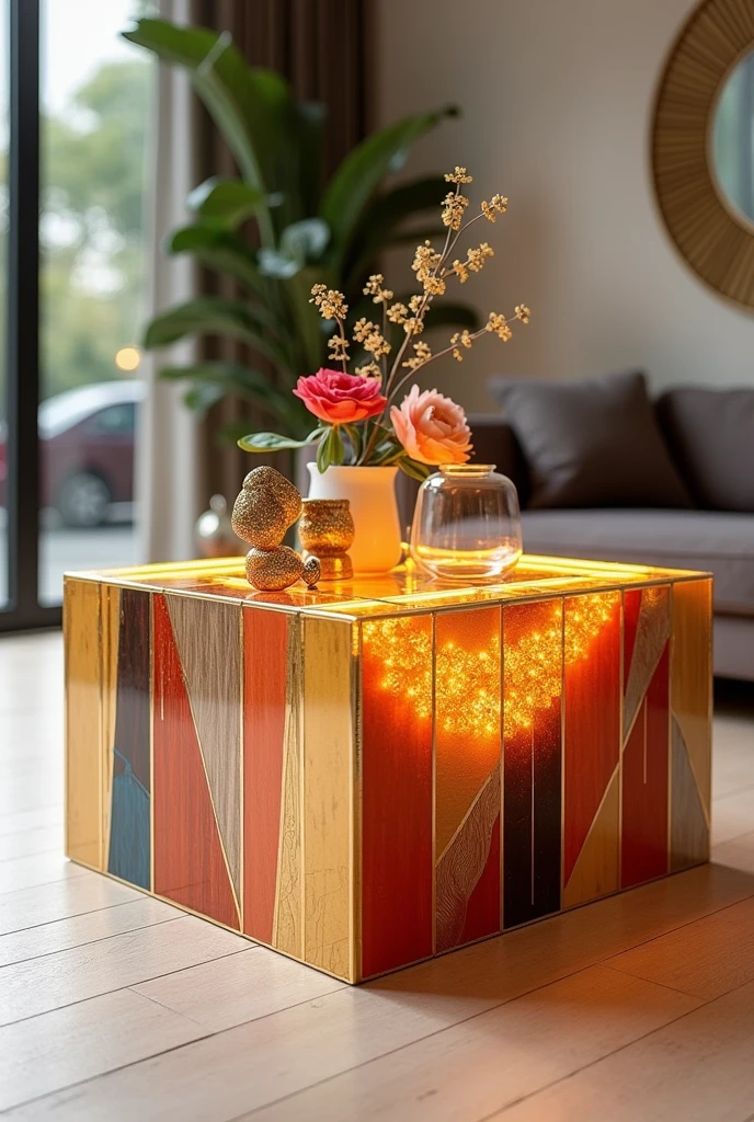 Small and simple, this handcrafted square small table features a clear glass top that creates a simple visual effect similar to a deep well thanks to the warm golden LED lighting.. The sides are made of high quality MDF wood covered with acrylic materials in random colors and gold stripes and lines to give a stunning touch. . The table is decorated with simple decorations such as artificial flowers and golden ornaments made of light materials.. The table is placed on a light wooden floor, adding a touch of simplicity and modernity.. The design combines elegance and economy, making it suitable for any salon with a modern, elegant style. It looks cute.