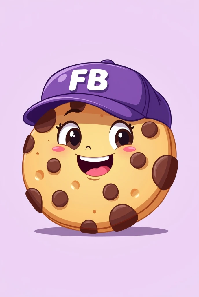 cute illustration type cookie that is happy and has chocolate chips, that has a purple cap that says FB in capital letters and has a light purple background