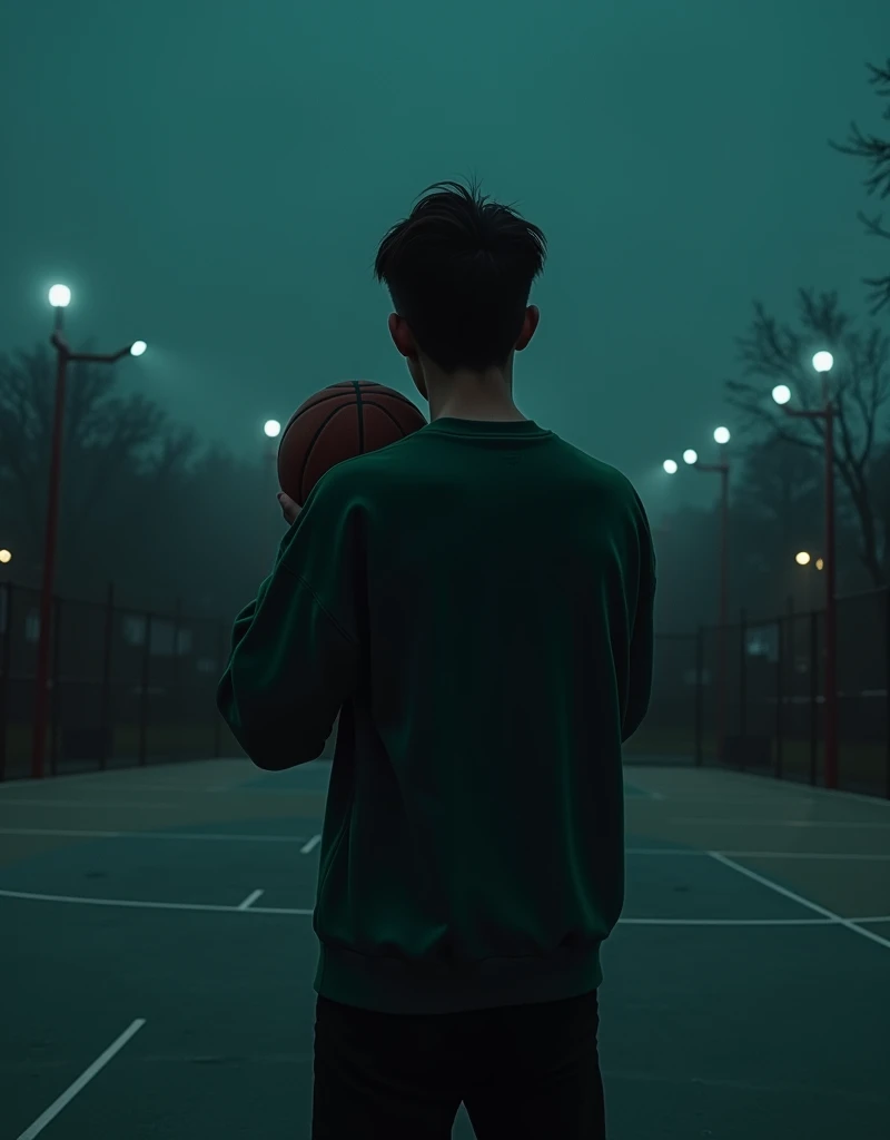 Adult boy from behind on a basketball court at night, throwing a basketball into the hoop, with a dark green sweatshirt. With all dark