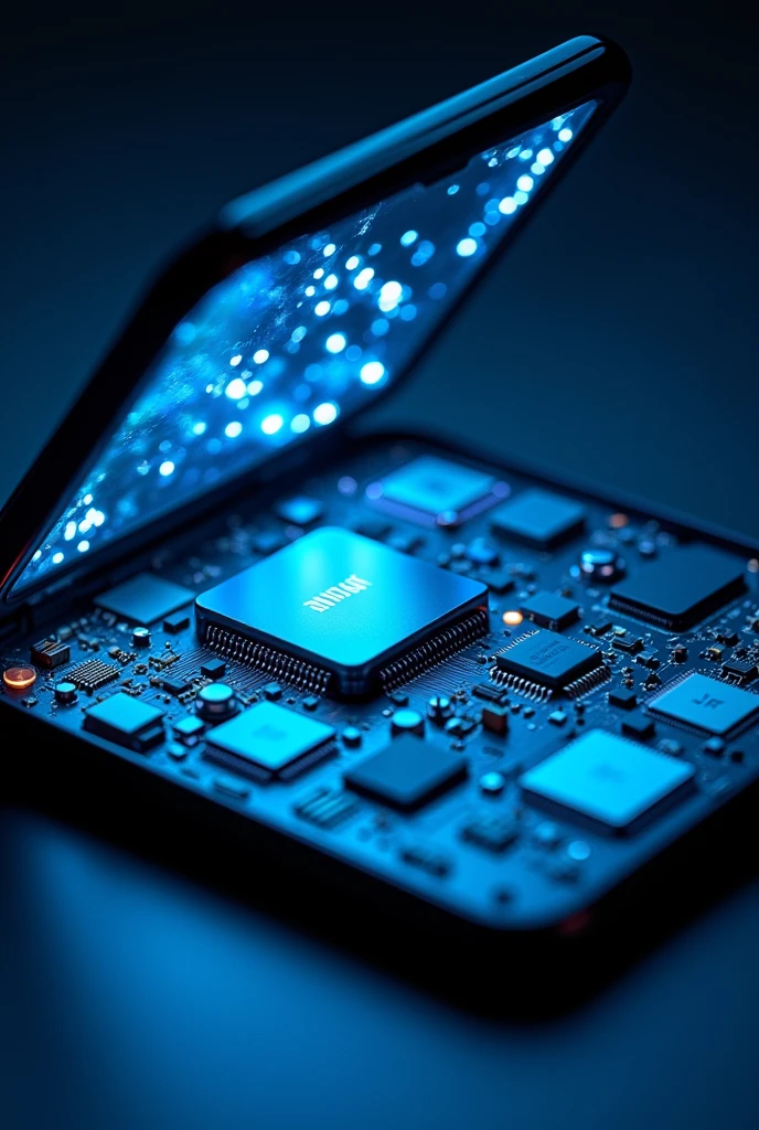 opening the screen of the Samsung Galaxy A10 cell phone in 2, in an environment with a blue LED spotlight, approach to the cell phone well defined components,
