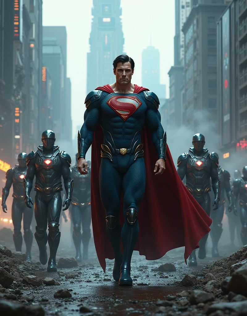 King Kal El and Kryptonian Cyber Troops with Dystopian City Scene