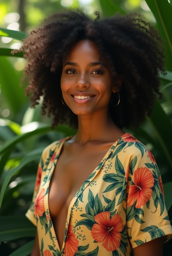 A Brazilian woman in a lush tropical garden, wearing an open shirt with a floral print, with a close-up capturing the harmonious beauty between her breasts and the natural flowers, showing off your natural charm and outgoing personality.