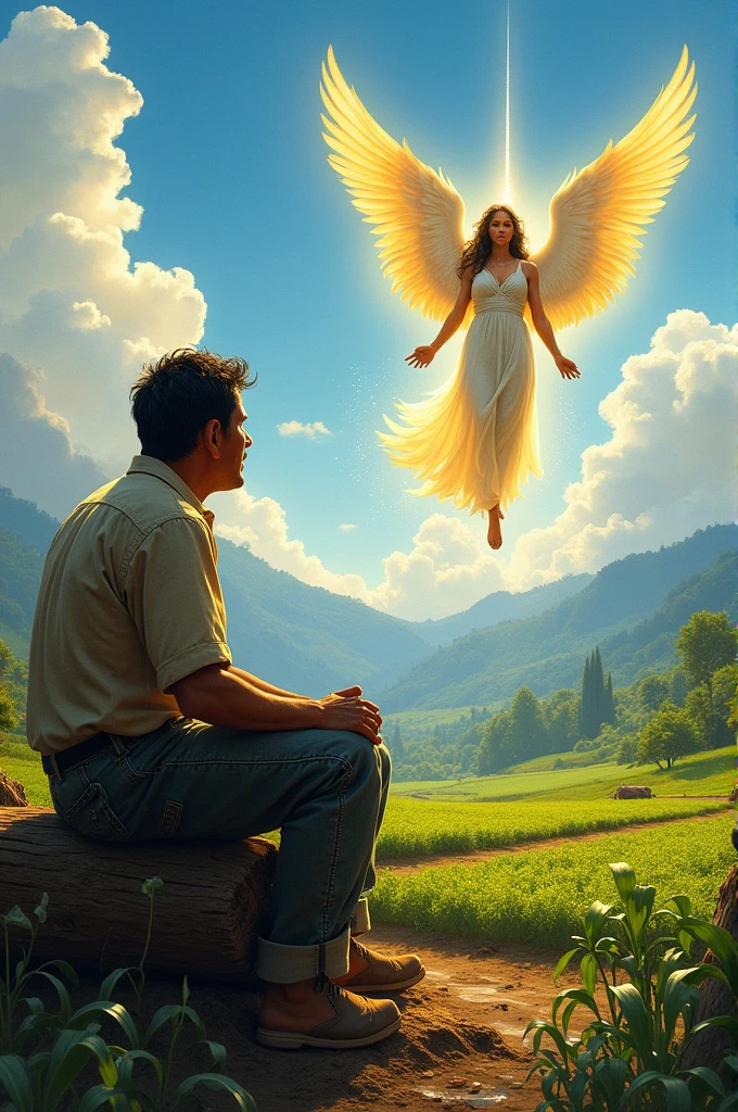 A Guatemalan farmer sits on a cut tree trunk watching an angel water his crop