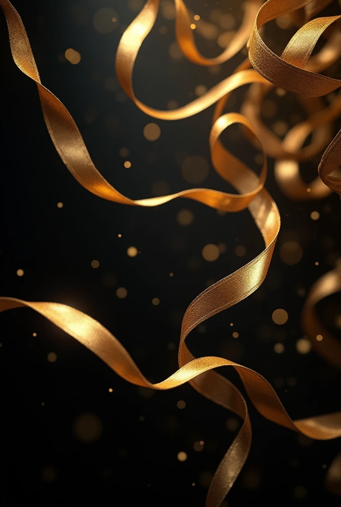 Black background with several golden ribbons flying