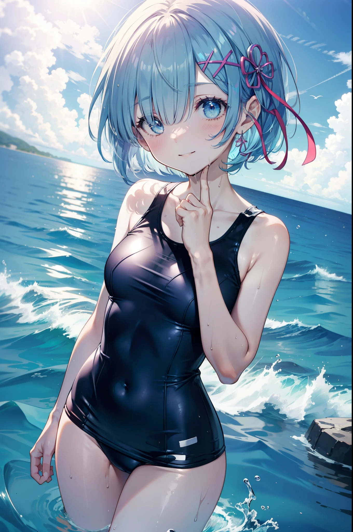 rezeroRem, Rem, blue eyes, Blue Hair, hair ornaments, Hair on one eye, hair ribbon, short hair, x hair ornaments,School Swimsuit,barefoot,Water Play,Wet Hair,Wet swimsuit,Wet Skin,True Summer,Clear skies,Daytime,smile,whole bodyがイラストに入るように,
break outdoors, Ocean,
break looking at viewer, whole body, (Cowboy Shot:1. 5),
break (masterpiece:1.2), Highest quality, High resolution, unity 8k wallpaper, (figure:0.8), (Beautiful attention to detail:1.6), extRemely detailed face, Perfect lighting, extRemely detailed CG, (Perfect hands, Perfect Anatomy),