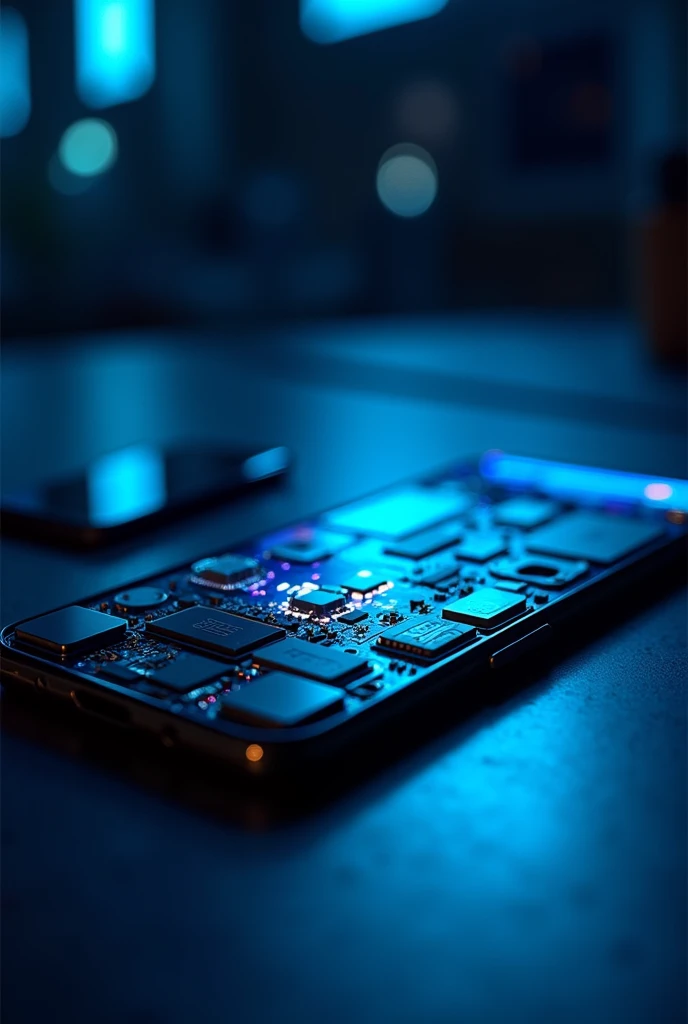 Opening the screen of the Samsung Galaxy A10 cell phone, in an environment with a blue LED spotlight, approach to the cell phone well defined components,