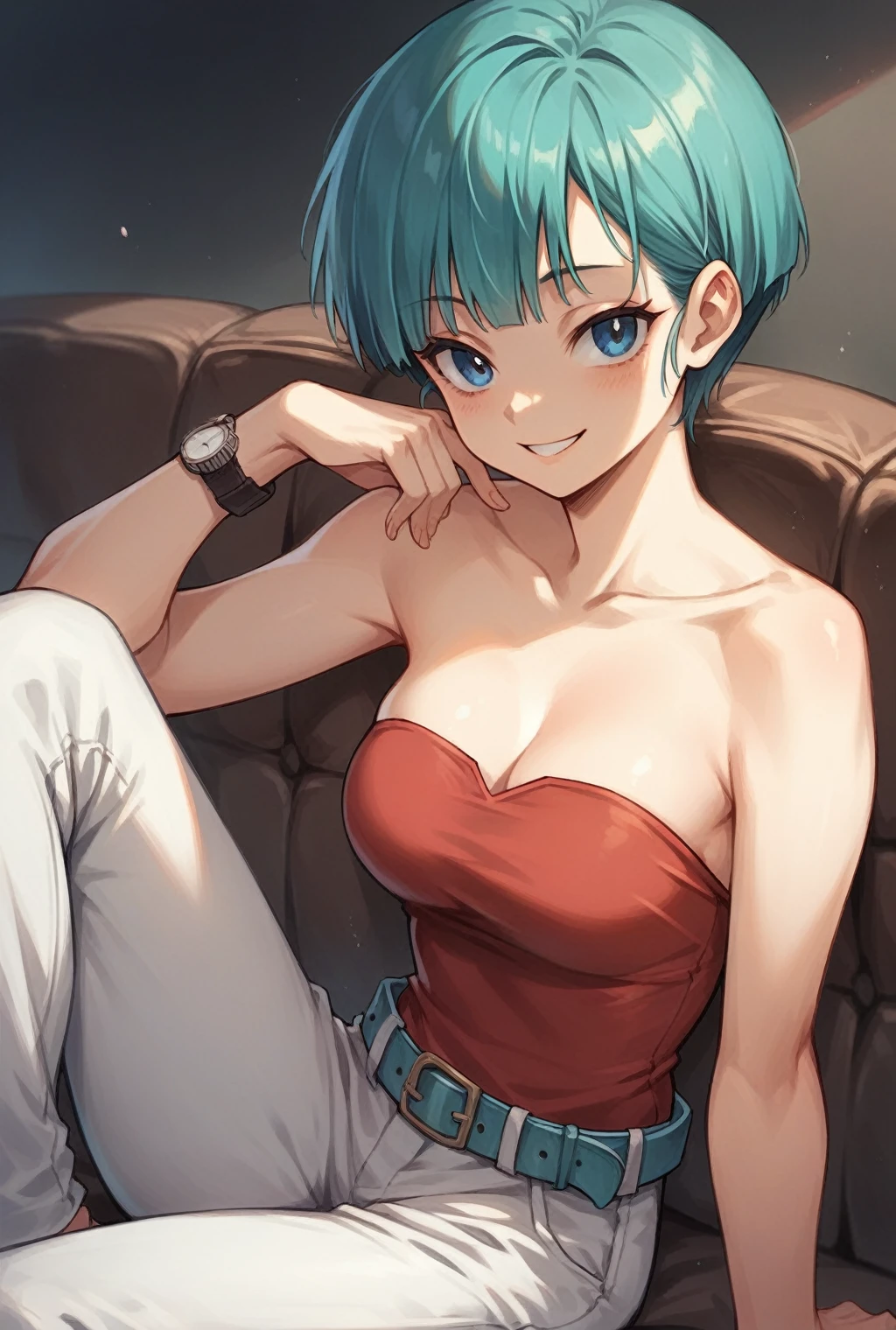  bulma, short hair, aquamarine hair, bob cut, hits, blue eyes, 1 girl, Alone, bare shoulders, Strapless, belt, medium chest, Red shirt, white pants, wristwatch, Sitting on a sofa, seductive smile