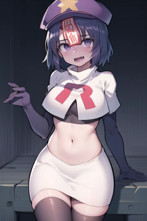best quality, (masterpiece:1.2), illustration, absurdres,
(1girl), (solo), (beautiful detailed girl),
Miyako Yoshika, (blue skin, purple skin:1.1), dark blue hair, purple eyes, medium breasts, zombie, jiangshi, undead
blue hat with a yellow star, ofuda on forehead, fangs, looking at viewer,
team rocket,team rocket uniform,white skirt,red letter R,crop top,black thigh-highs,black elbow gloves, cowboy shot,