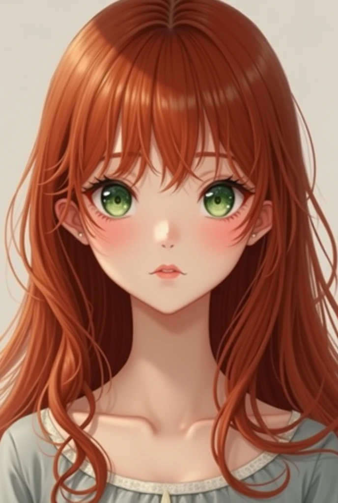 Girl, green eyes, inocent face, cute face, long hair, beautiful, realistic girl, symmetrical face, photorealistic, red-haired girl, cute girl, 16 years, kawaii rusian, realistic, round face , adolescent girl [[realistic]]