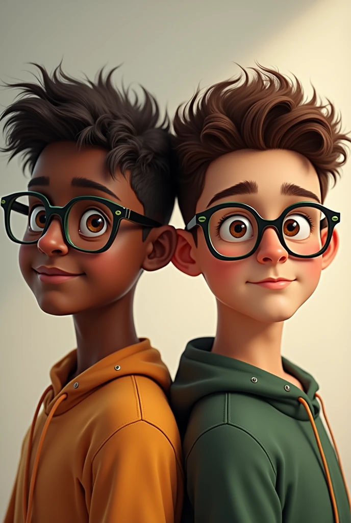 boy, dark brown skin, Large black lenses with green details, slightly fat but healthy, Wavy brown hair with roots in the middle of the head, brown eye pupil. Standing next to a light-skinned, brown-haired boy with glasses, but more rectangular.