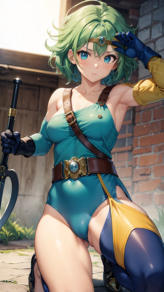Animation worksAnimation worksMasterpieces,largely、high quality, Unreal Engine, Ultra-high resolution, Very detailed丸い胸, Medium Bust 1 person, Waist, thin,(Muscular:0.9)
actress,
ring, curl, Green Hair, short hair, Asymmetrical clothing, tights, sash, One-handed gloves, One Sleeve, Thigh-high holes, Holding a sword, . Anime Style, Key Point, Energetic, Studio Anime, Very detailed、 My life is about to end. Broken equipment. On one knee. Under enemy attack.The tights is torn to pieces.