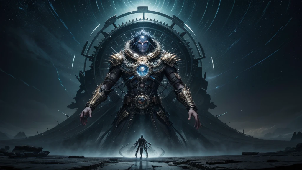 Create a high-resolution, detailed image of Cronos, the Titan of Time, where his form is intertwined with the fabric of time itself. His body should appear as a blend of ancient stone and flowing sands, with gears and clockwork mechanisms emerging from his skin. His eyes are glowing with the light of countless ages, and his hands are reaching out to manipulate the endless stream of time. The background should be a swirling vortex of cosmic clouds and shattered hourglasses, symbolizing the relentless passage of time.