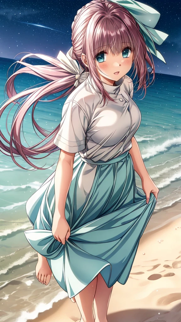 Anime illustration Nanase Ren, 1 person, Hair Ribbon, blue eyes, ((white dress shirt:1.2), (yerllow bow:1.2), (sea-green long skirt:1.2)), Big Breasts、 blush, Cute Smile Open your mouth, Are standing, (She walked along the starry beach at night, touched the water with bare feet, and came closest to that smile), Skirt Lift, barefoot, Two Arms, (cinematic angle:1.1),
