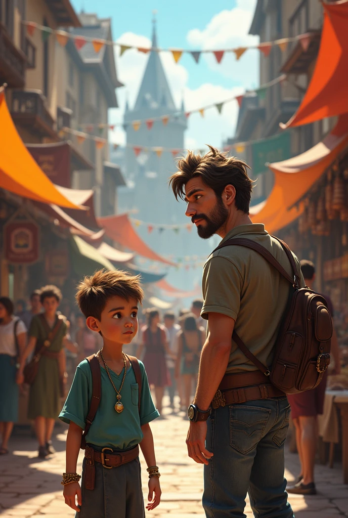 boy with an hourglass necklace around his neck and 27 year old man with stubble walking in a medieval fantasy market