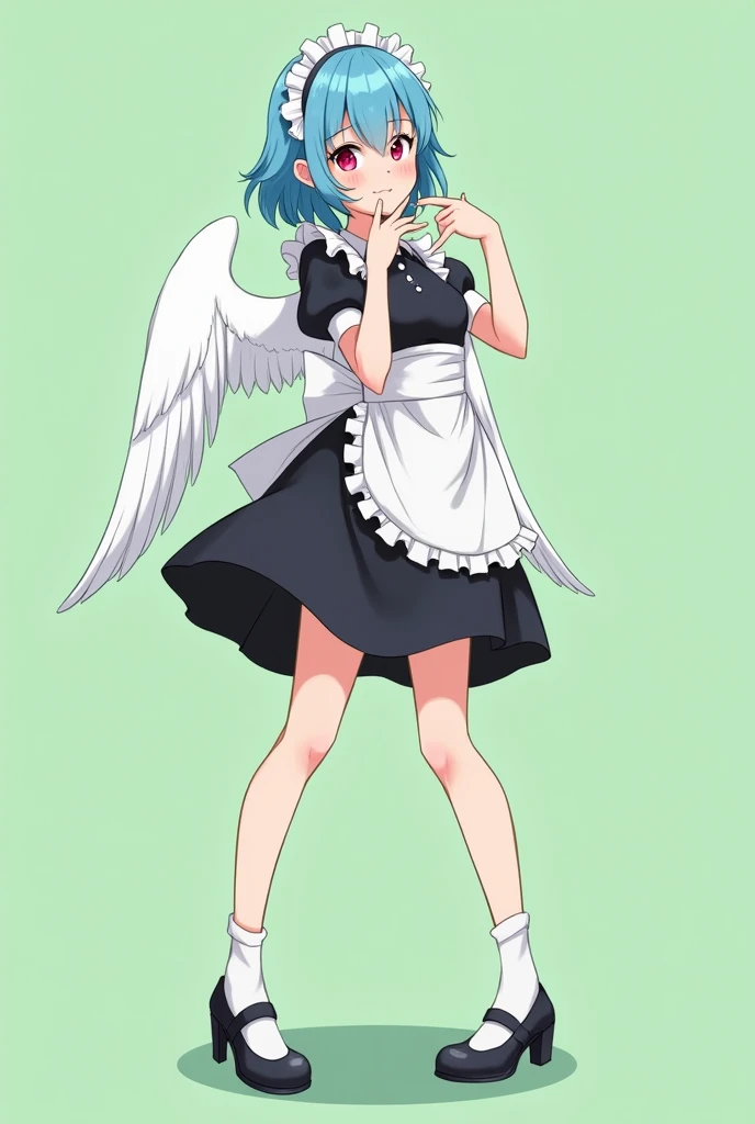 Maid cafe maid with short blue hair, Red eyes, a sensual and happy expression, age range between 18 and 26 years, with angel wings, black uniform, anime style completely in 2D, with pastel colors, with a completely flat and green background
